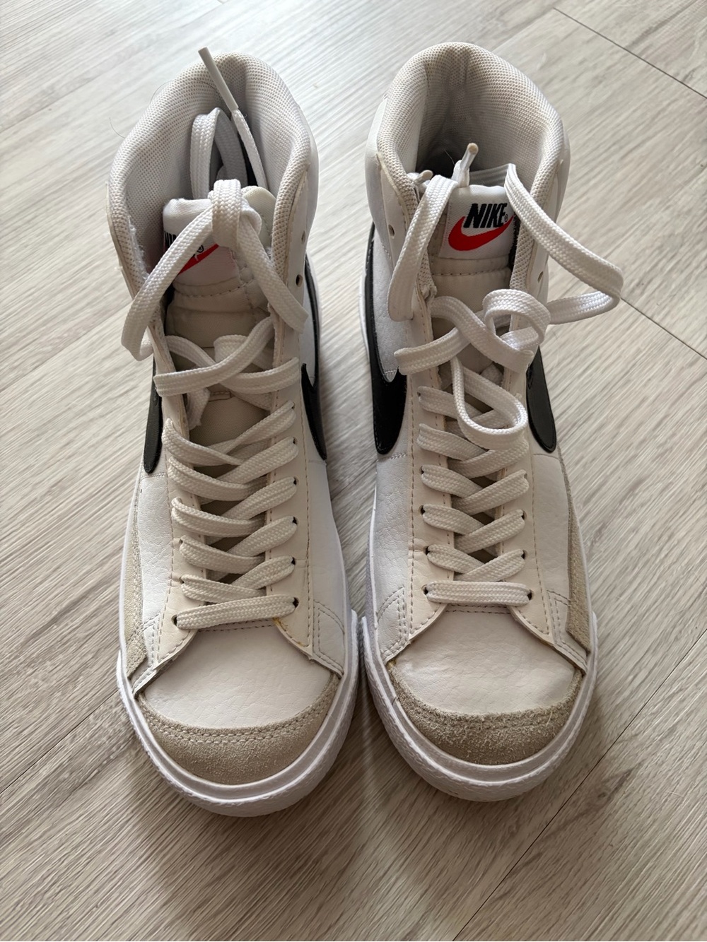 Nike White and Black Kids High-Top Sneakers with Red Logo